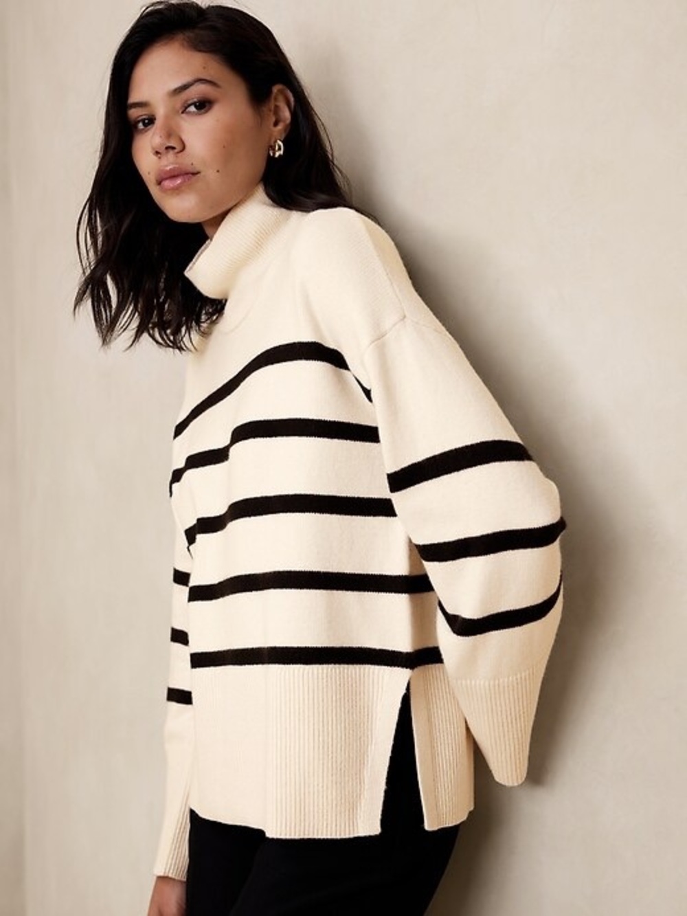 Cream and Black Striped Turtleneck Sweater